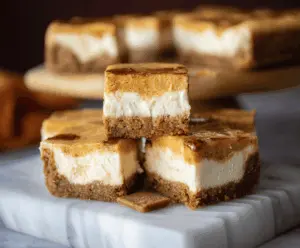 Creamy sweet potato cheesecake bars with a golden crust on a white plate
