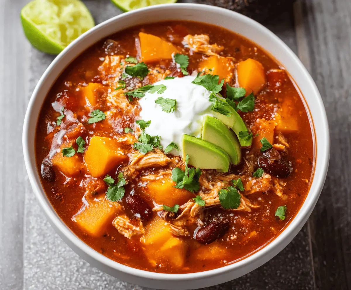 Hearty sweet potato chicken chili in a bowl topped with fresh herbs and shredded cheese, served with a spoon on a rustic table.