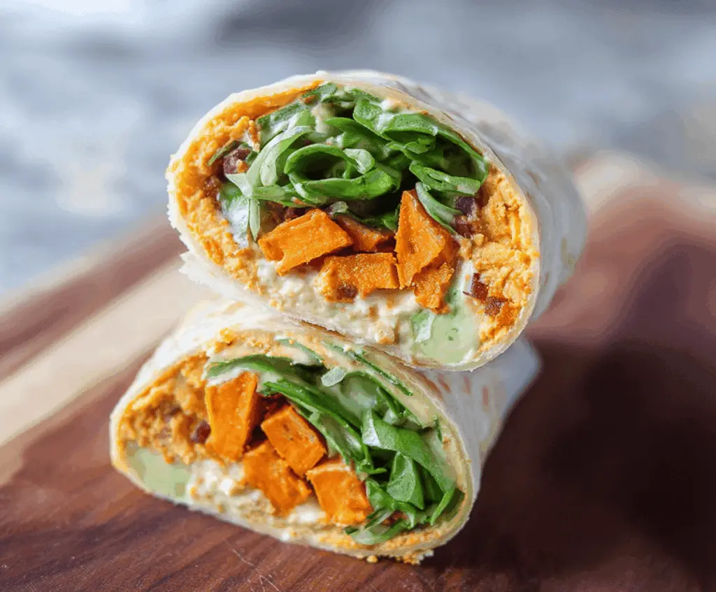 Creamy sweet potato hummus spread inside a fresh wrap topped with colorful vegetables, perfect for a healthy, flavorful Sweet Potato Hummus Wrap.