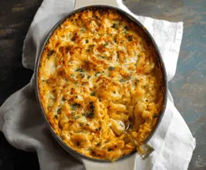 Creamy sweet potato mac and cheese served in a bowl, topped with chopped herbs and a sprinkle of cheese, showcasing a comforting and colorful vegetarian dish.