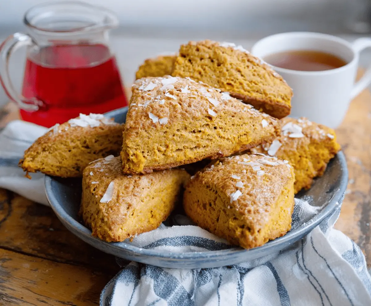 Delicious golden-brown sweet potato scones on a rustic plate, garnished with a sprig of fresh herbs, perfect for breakfast or tea time
