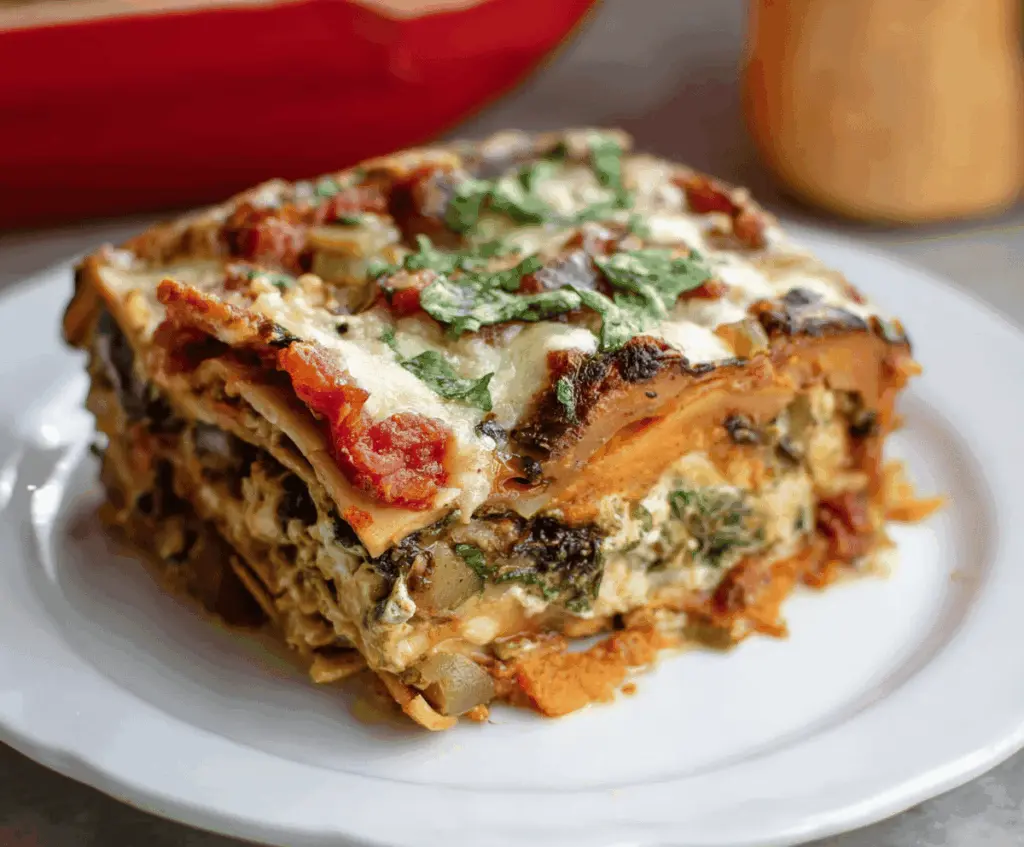 Delicious sweet potato spinach lasagna layered with creamy sauce and melted cheese, served hot on a white plate.