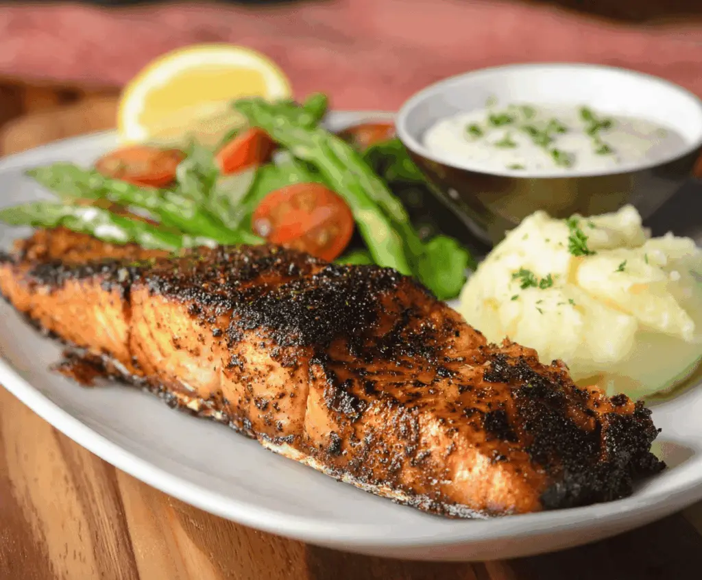 Delicious grilled Texas Roadhouse Salmon fillet served with fresh lemon wedges and vibrant vegetables on a white plate