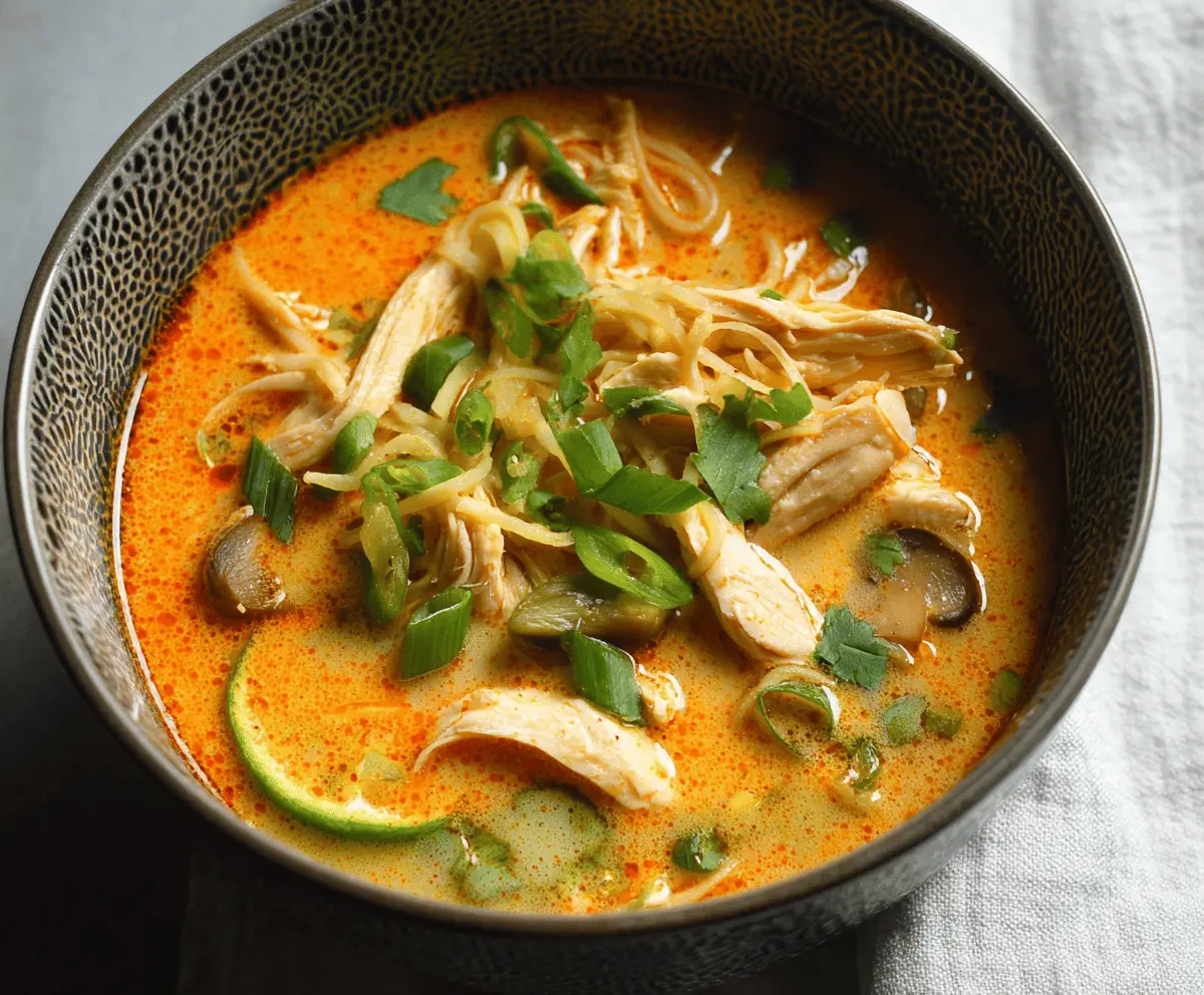 A steaming bowl of Thai Curry Chicken Soup featuring tender chicken, colorful vegetables, and aromatic Thai spices in a rich, flavorful broth.