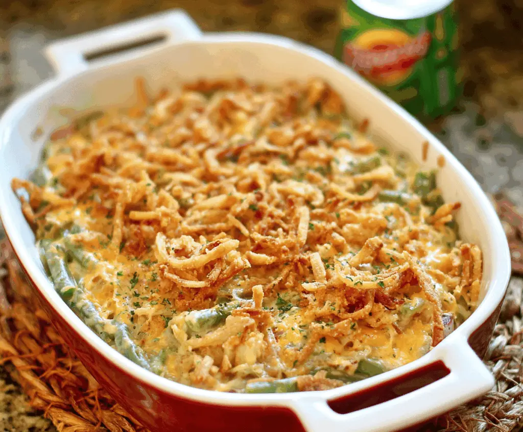 Delicious green bean casserole topped with crispy potatoes, served in a white baking dish for a flavorful side dish.