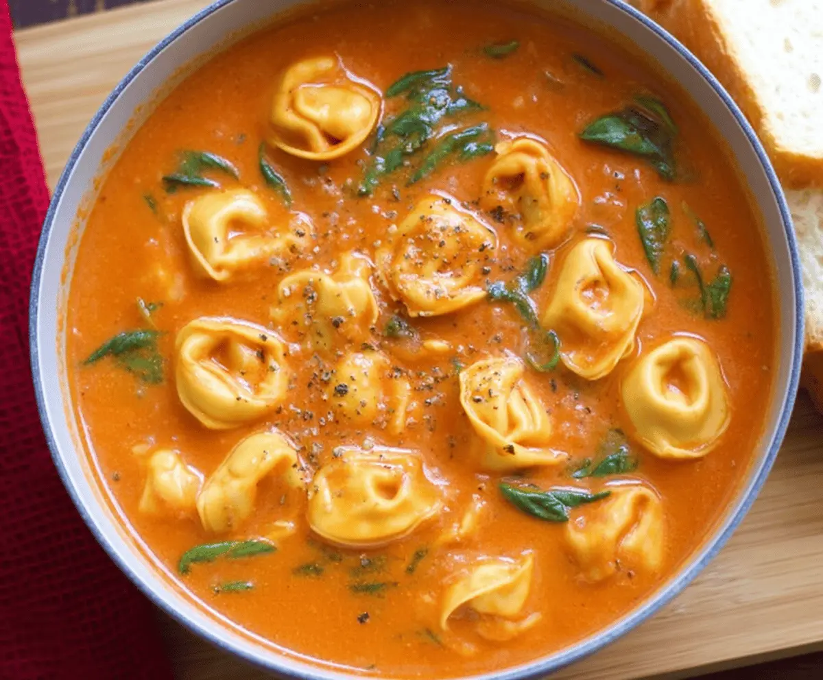 A bowl of steaming tomato tortellini soup garnished with fresh herbs and grated cheese, served with a side of crusty bread.