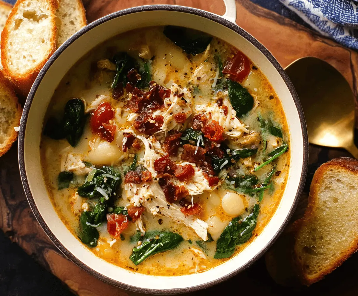Creamy Tuscan Chicken Soup with tender chicken, spinach, sun-dried tomatoes, and herbs in a savory broth