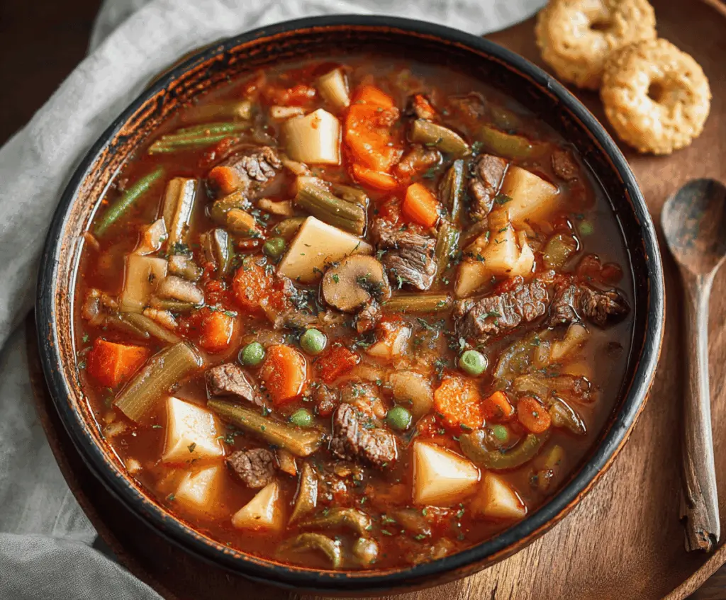 Hearty vegetable beef soup with tender beef chunks, fresh vegetables, and aromatic herbs in a steaming bowl