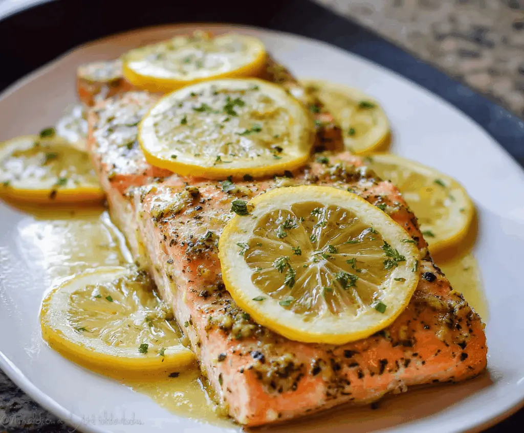 Freshly prepared Zesty Lemon Dijon Salmon garnished with lemon slices and herbs on a white plate, perfect for a healthy, flavorful meal