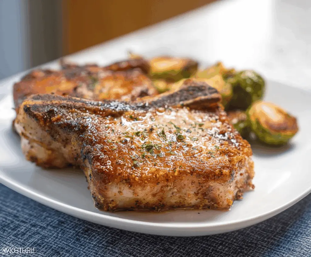 Juicy Air Fryer Pork Chops served with fresh herbs on a rustic plate