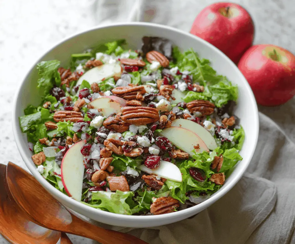 Fresh Apple Cranberry Pecan Salad, a colorful healthy dish with crisp apples, tart cranberries, and toasted pecans.