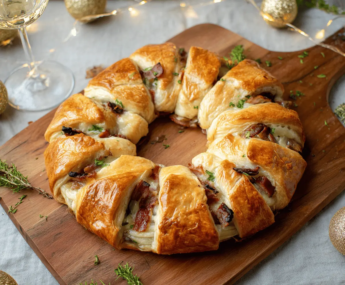 Delicious Bacon Brie Crescent Wreath featuring crispy bacon, creamy Brie cheese, and flaky crescent dough for a savory appetizer.