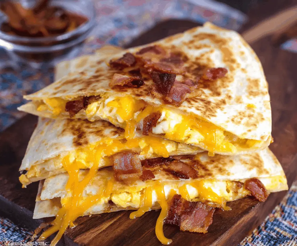 Delicious bacon, scrambled eggs, and melted cheese quesadilla for breakfast