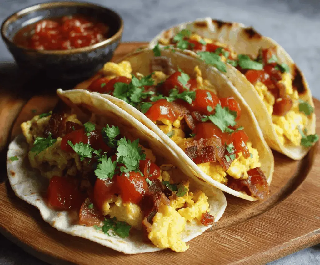 Delicious bacon and scrambled eggs breakfast tacos on a plate.