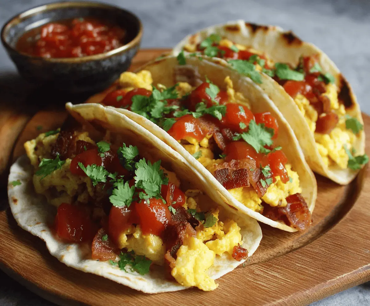 Delicious bacon and scrambled eggs breakfast tacos on a plate.