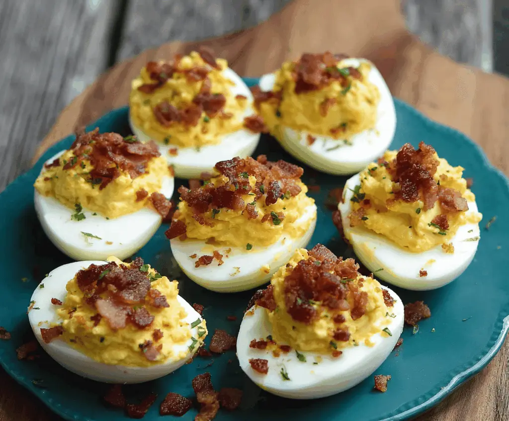 Delicious Bacon Ranch Deviled Eggs garnished with crispy bacon and fresh herbs on a white plate.