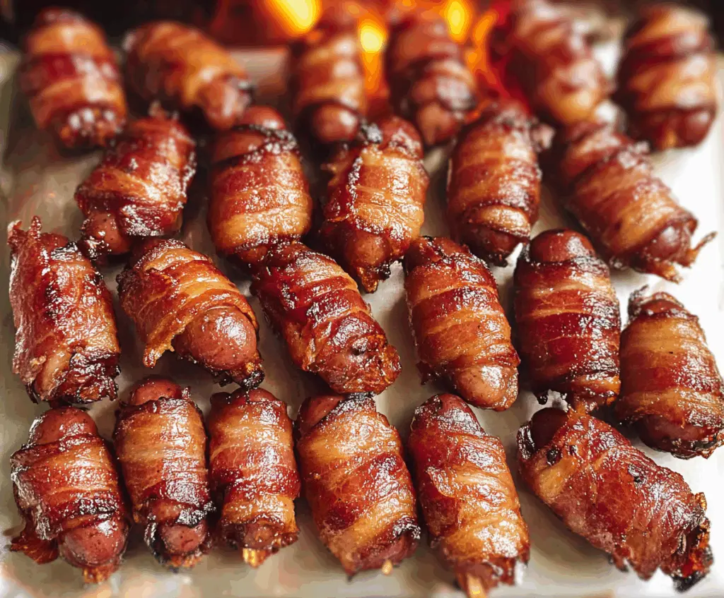 Bacon-wrapped little Smokies appetizer on a serving platter, perfect for parties