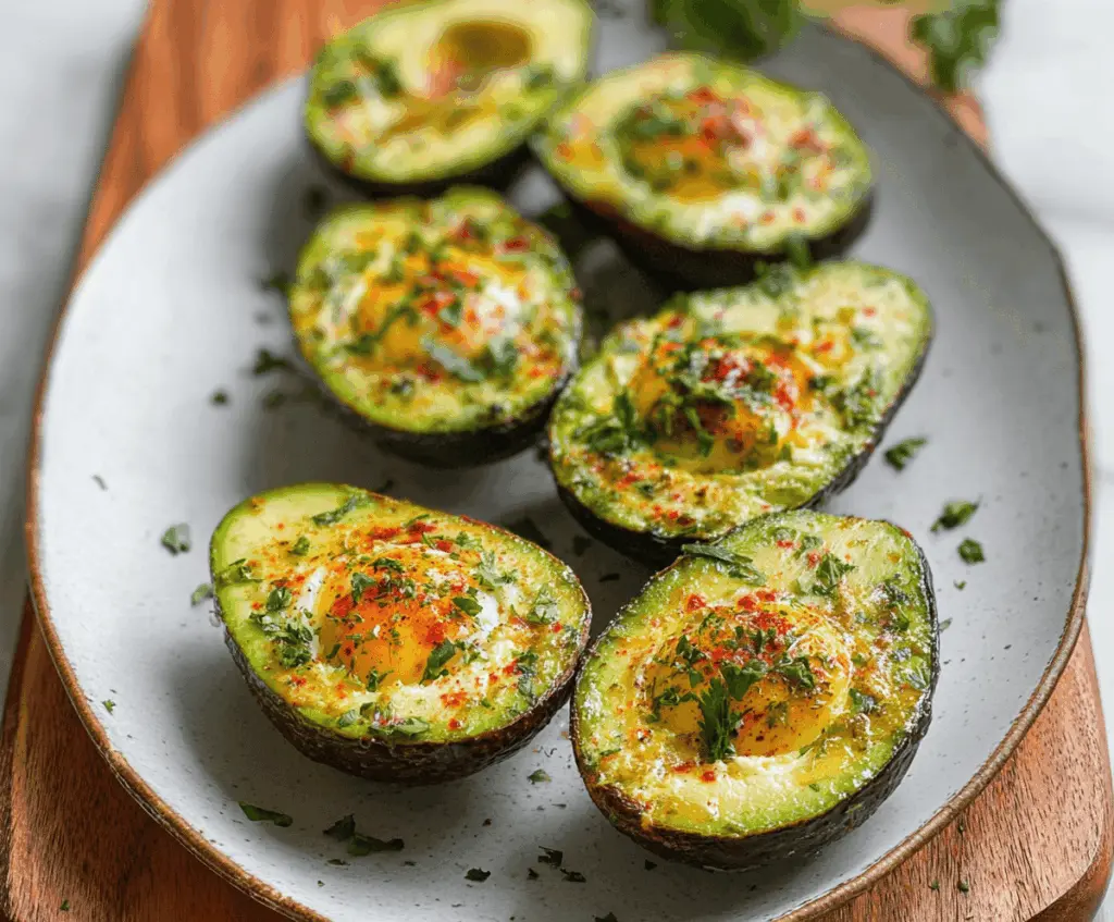 Delicious baked avocado egg boats topped with herbs, perfect for a healthy breakfast.