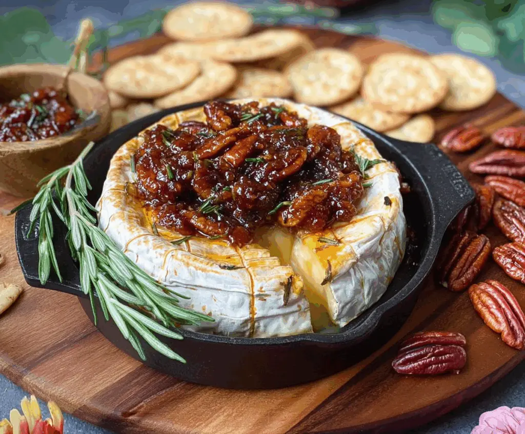 Delicious baked brie cheese topped with fig jam and pecans, served as an elegant appetizer.