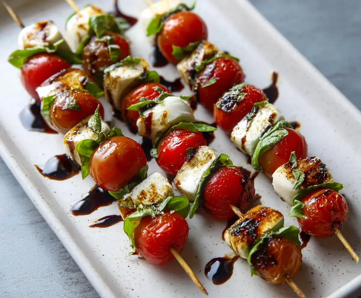 Balsamic glazed Caprese skewers with cherry tomatoes, fresh mozzarella, and basil on wooden sticks.