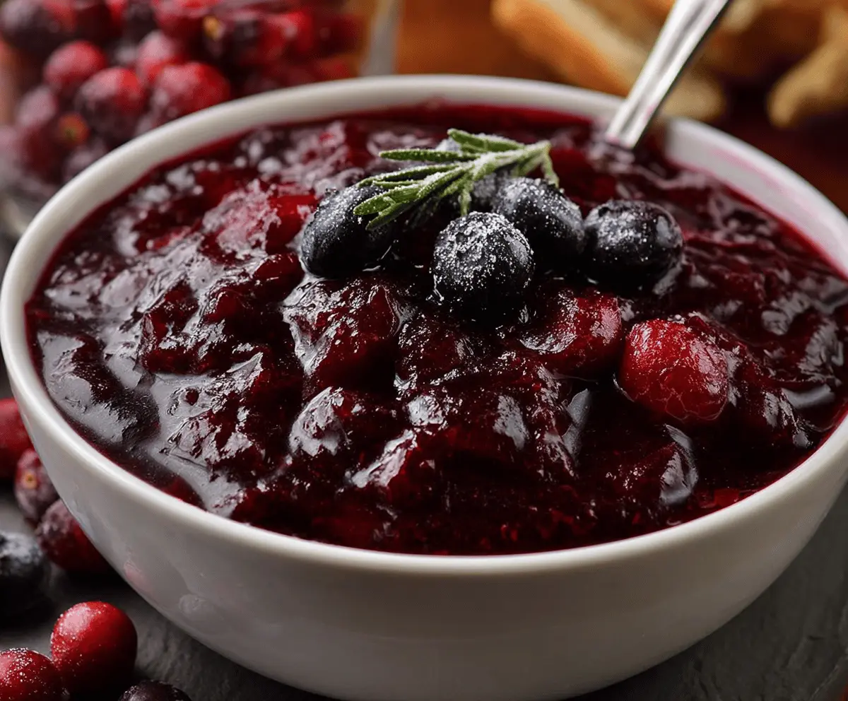 Homemade blueberry cranberry sauce served in a bowl, perfect for holiday desserts and dinners.
