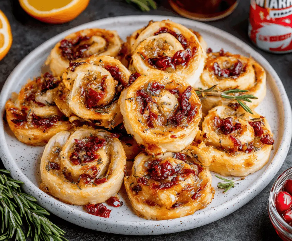 Delicious Brie and Cranberry Pinwheels on a serving platter, perfect for appetizers.