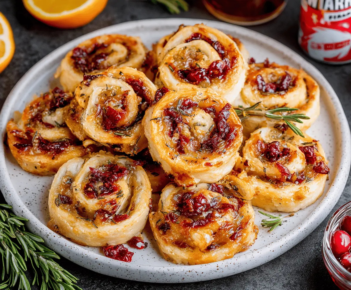 Delicious Brie and Cranberry Pinwheels on a serving platter, perfect for appetizers.