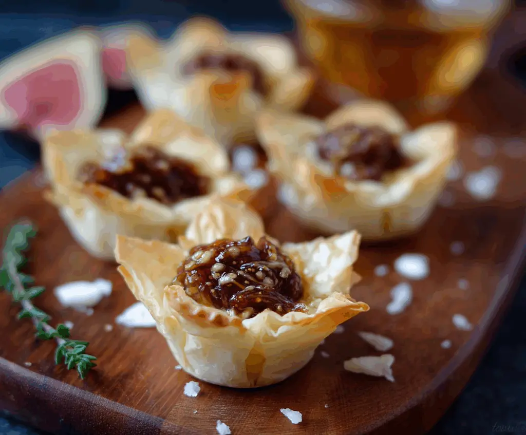Delicious Brie and Fig Phyllo Cups appetizer with crispy golden pastry and creamy cheese topping