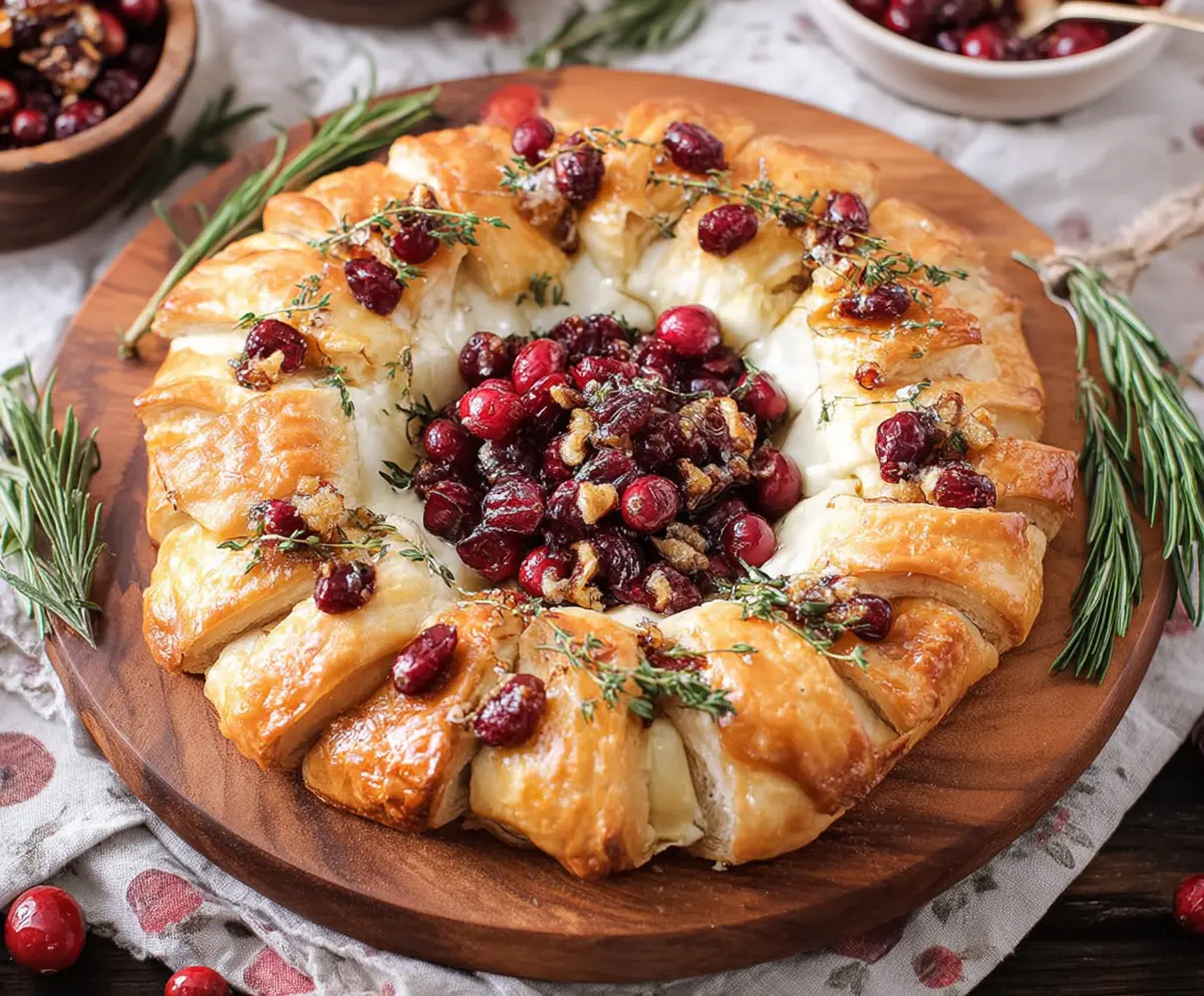 Delicious Brie Cranberry Wreath served on a festive platter, perfect for holiday gatherings.