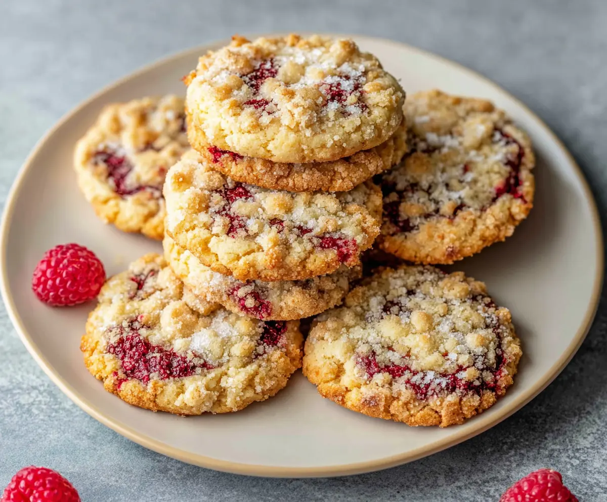 Delicious buttery raspberry crumble cookies on a plate, showcasing a golden-brown crust with fresh raspberries.