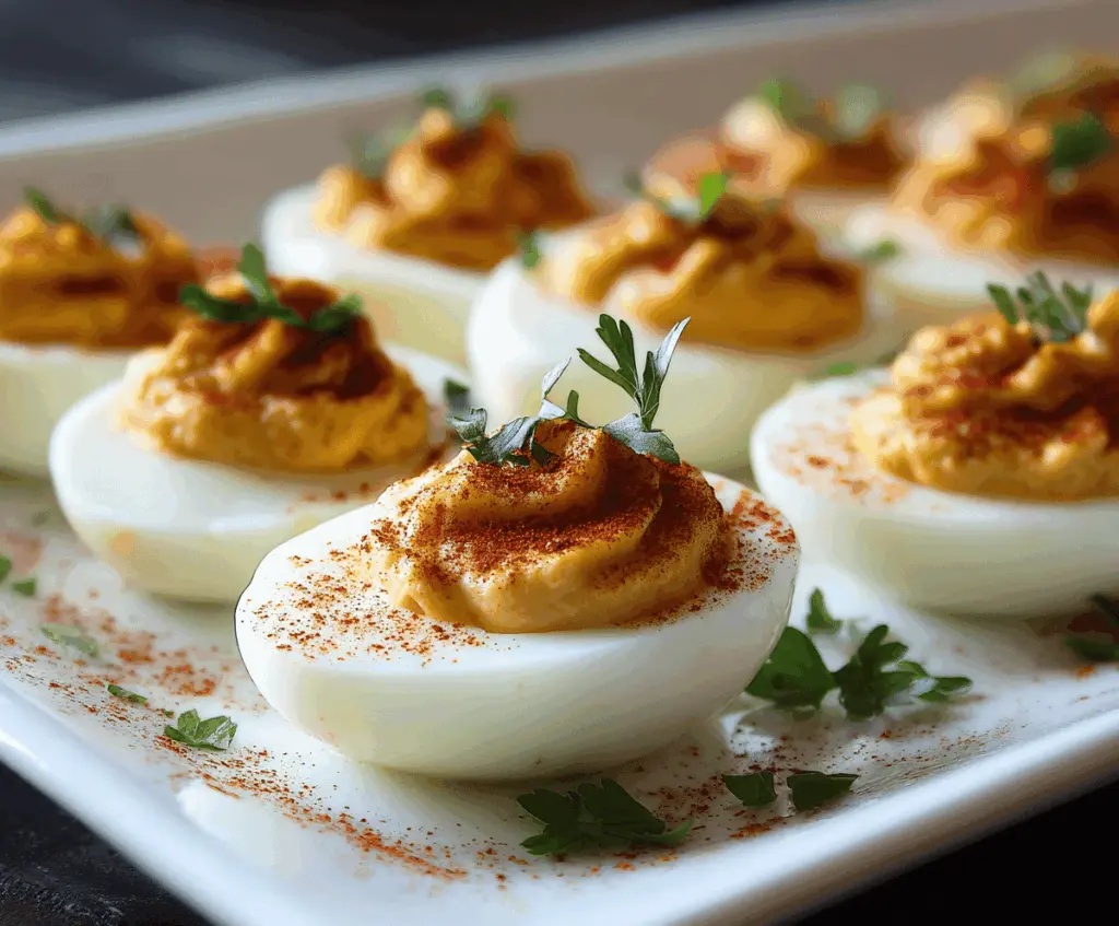 Delicious Cajun Deviled Eggs garnished with paprika and fresh herbs on a white plate.