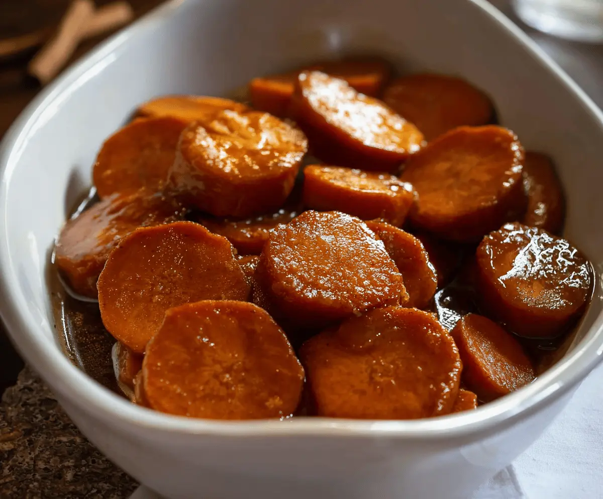 Sweet and golden candied yams garnished with marshmallows and caramel glaze