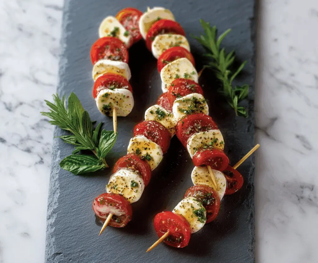 Colorful Candy Cane Caprese Skewers featuring cherry tomatoes, fresh mozzarella, and mint leaves on festive skewers.