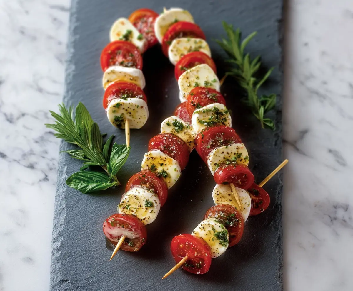 Colorful Candy Cane Caprese Skewers featuring cherry tomatoes, fresh mozzarella, and mint leaves on festive skewers.