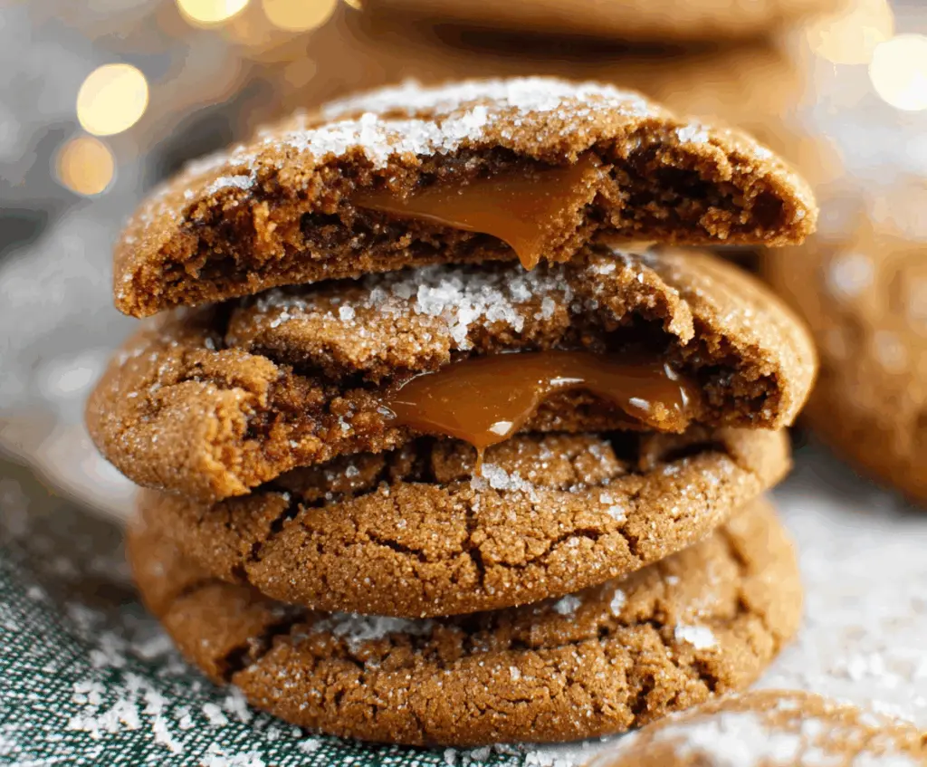 Delicious caramel-stuffed gingerbread cookies on a festive plate, perfect for holiday treats.