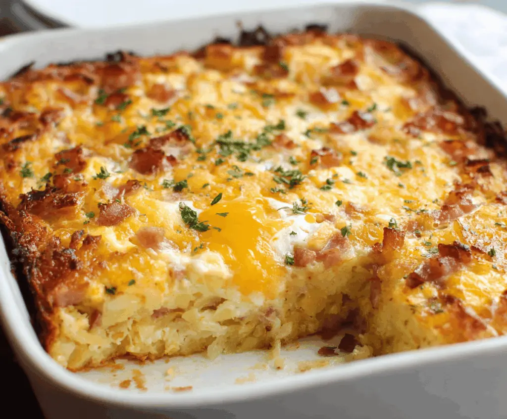 Delicious cheesy hashbrown egg casserole with melted cheese and crispy hashbrowns served in a baking dish.