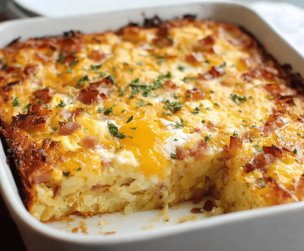 Delicious cheesy hashbrown egg casserole with melted cheese and crispy hashbrowns served in a baking dish.