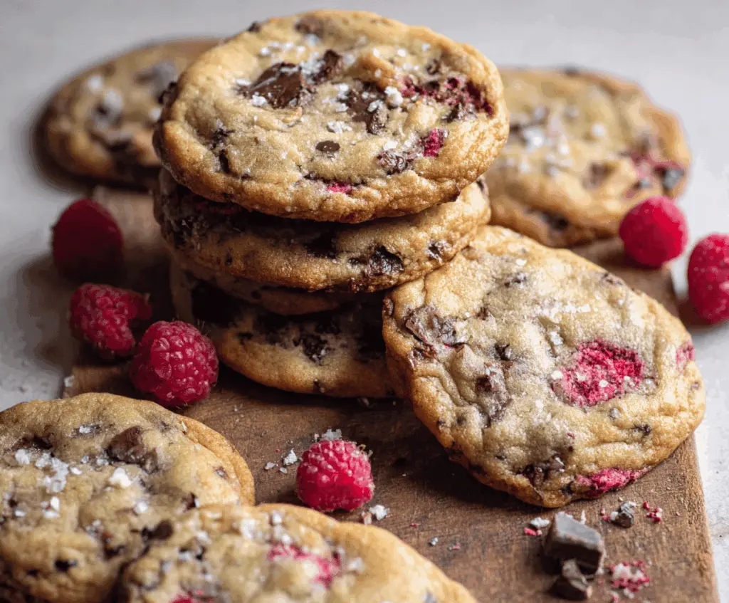 Delicious chewy raspberry chocolate chip cookies fresh out of the oven, showcasing vibrant red raspberries and melty chocolate chips.