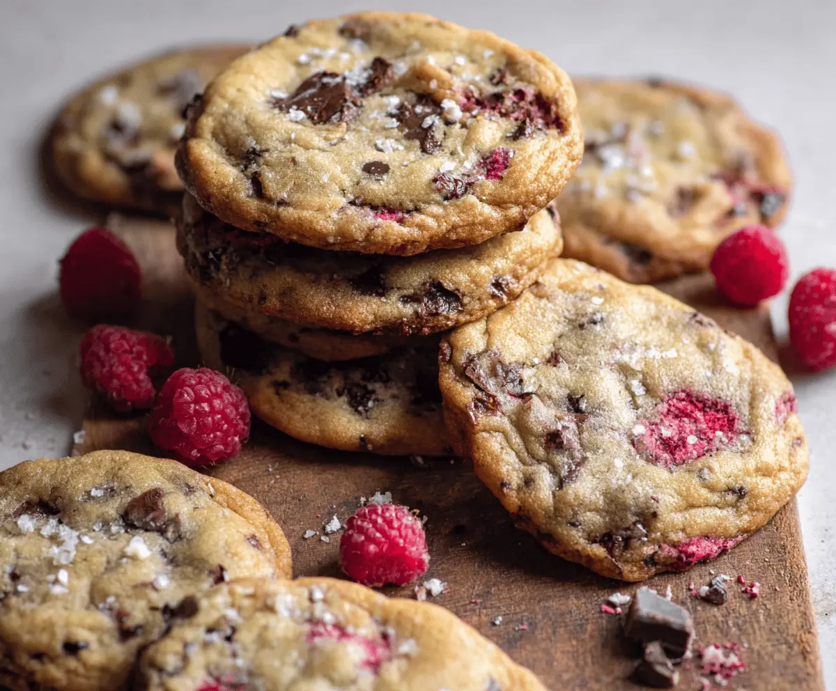Delicious chewy raspberry chocolate chip cookies fresh out of the oven, showcasing vibrant red raspberries and melty chocolate chips.