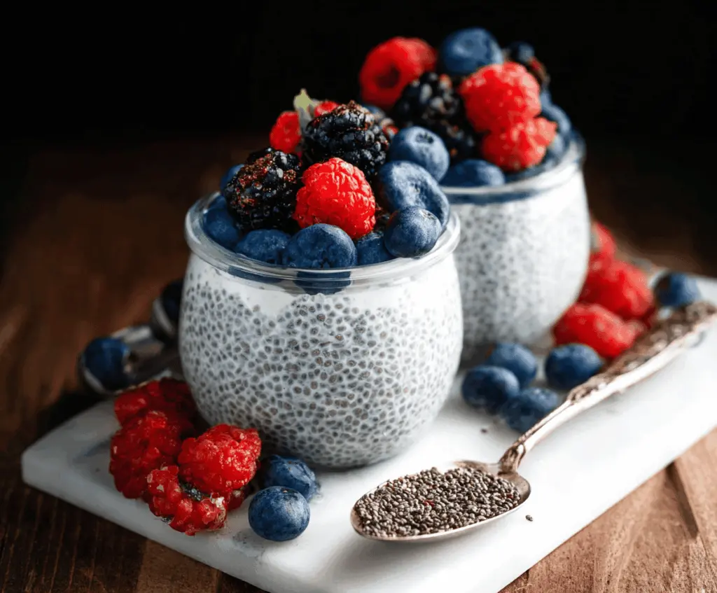 Healthy chia pudding in a glass jar topped with fresh fruit for a nutritious breakfast