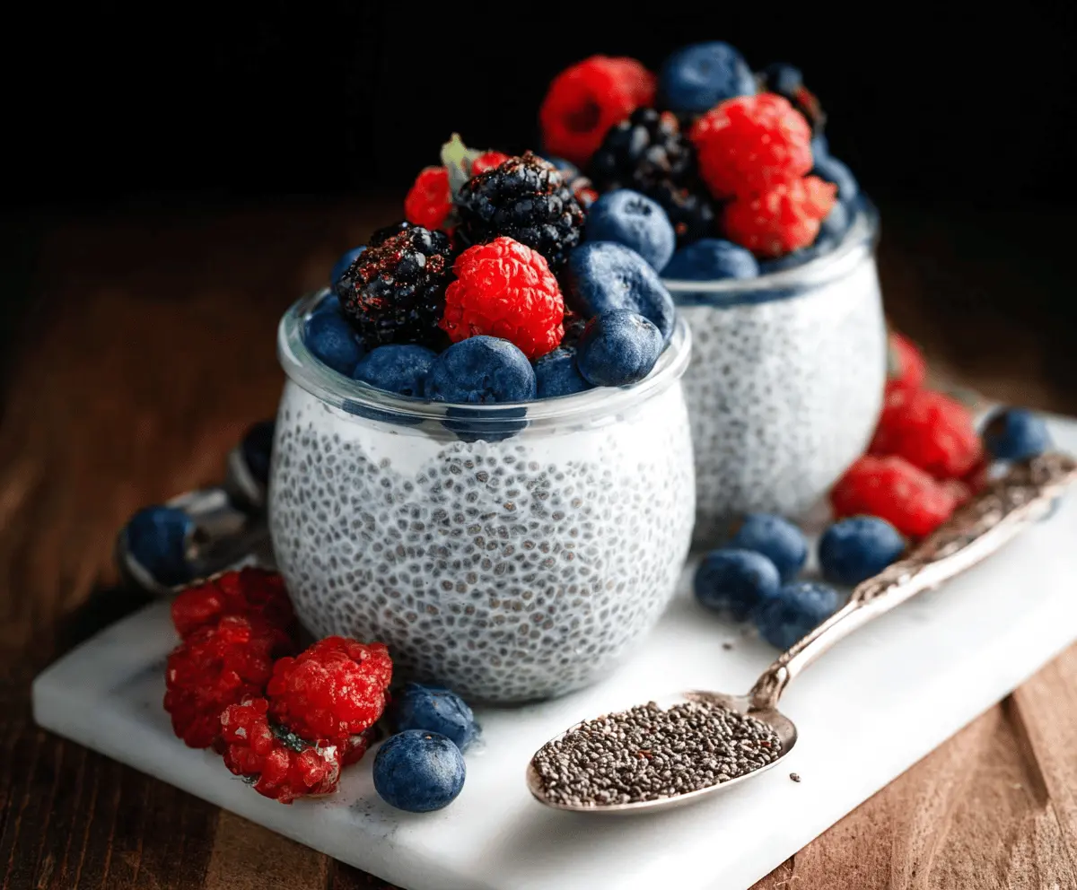 Healthy chia pudding in a glass jar topped with fresh fruit for a nutritious breakfast