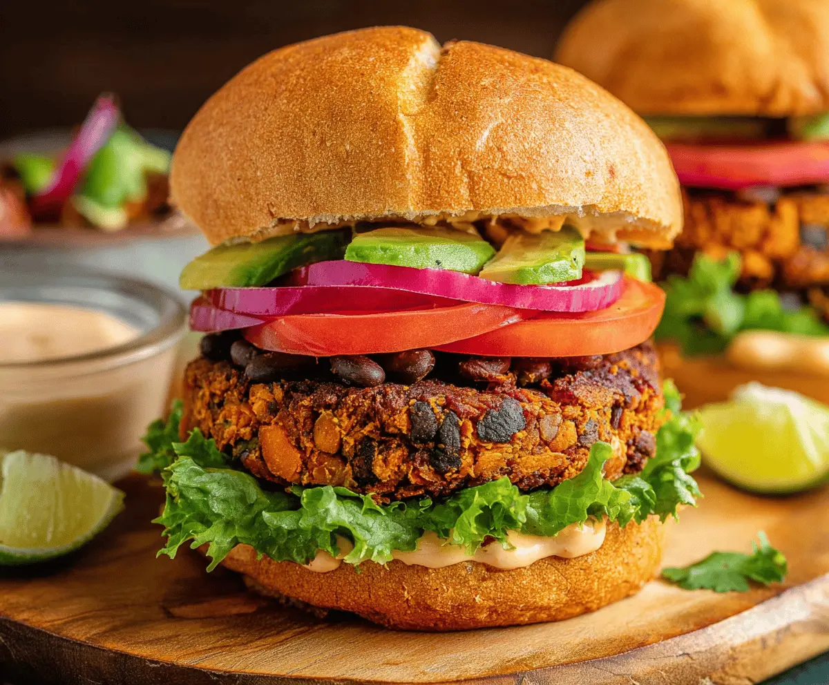 Delicious Chipotle Black Bean Sweet Potato Burgers served with fresh toppings on a plate.