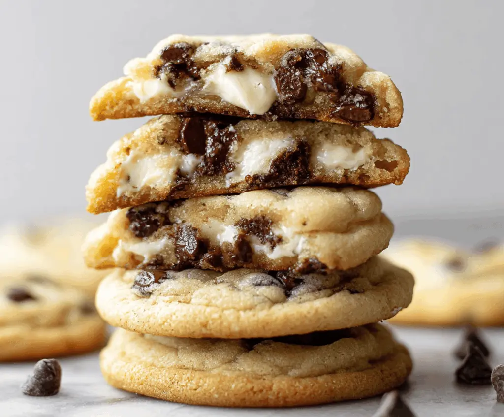 Delicious chocolate chip cheesecake cookies freshly baked with creamy cheesecake filling and chocolate chips.