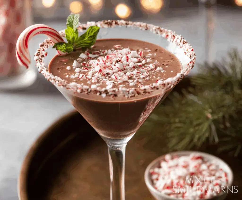 Delicious Chocolate Peppermint Martini served in a fancy cocktail glass with peppermint garnishes.