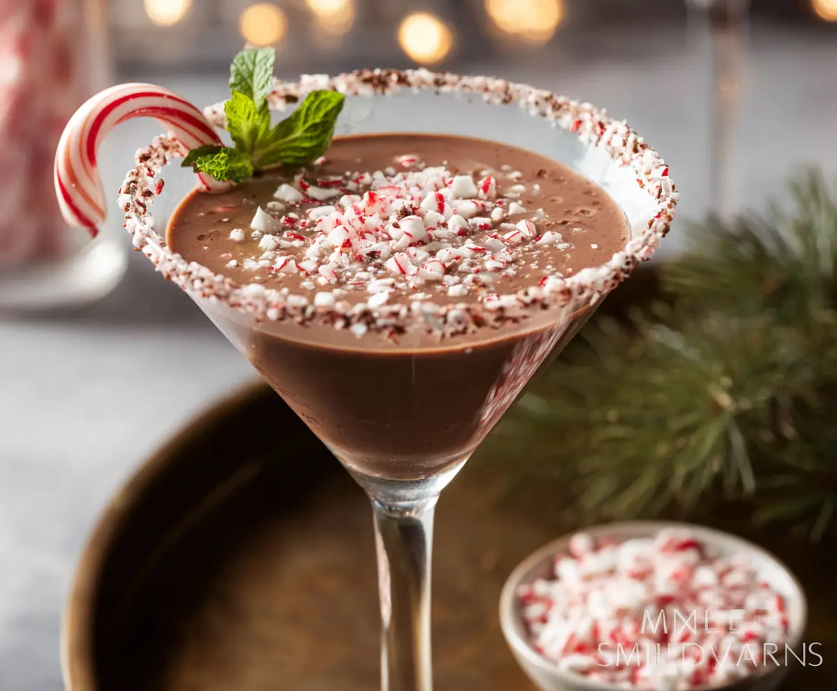 Delicious Chocolate Peppermint Martini served in a fancy cocktail glass with peppermint garnishes.
