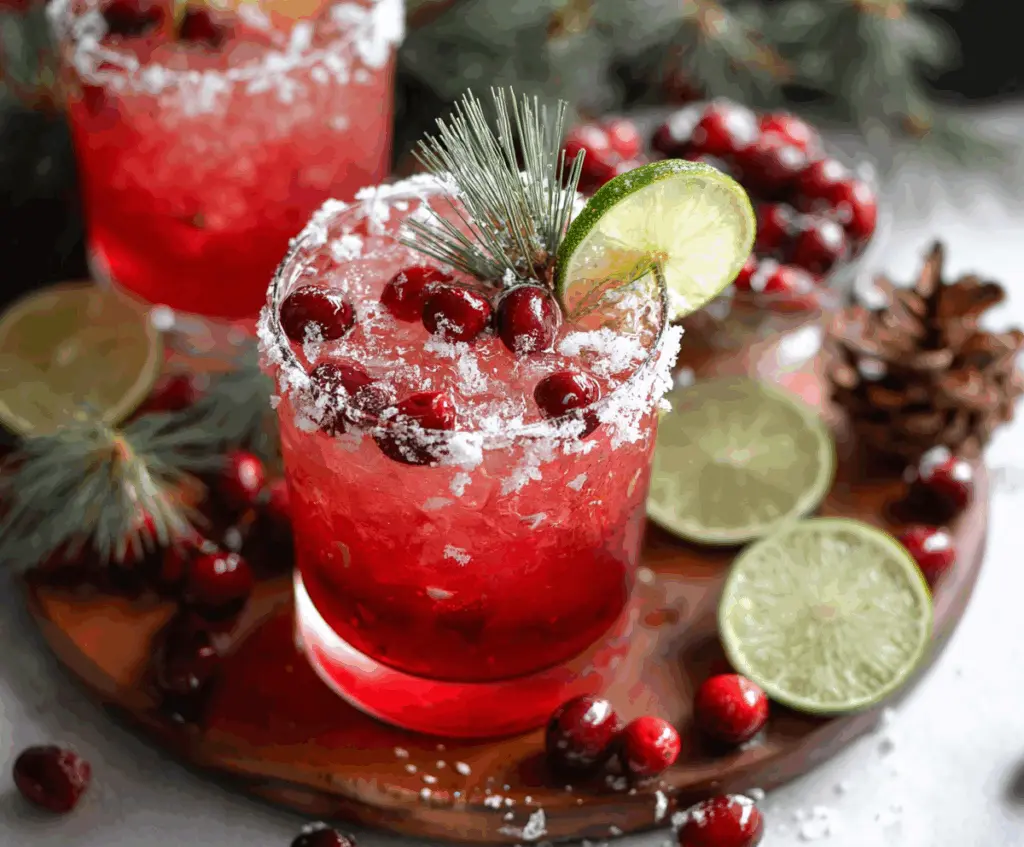 Festive Christmas Cranberry Margarita cocktail with fresh cranberries and lime in a decorative glass.