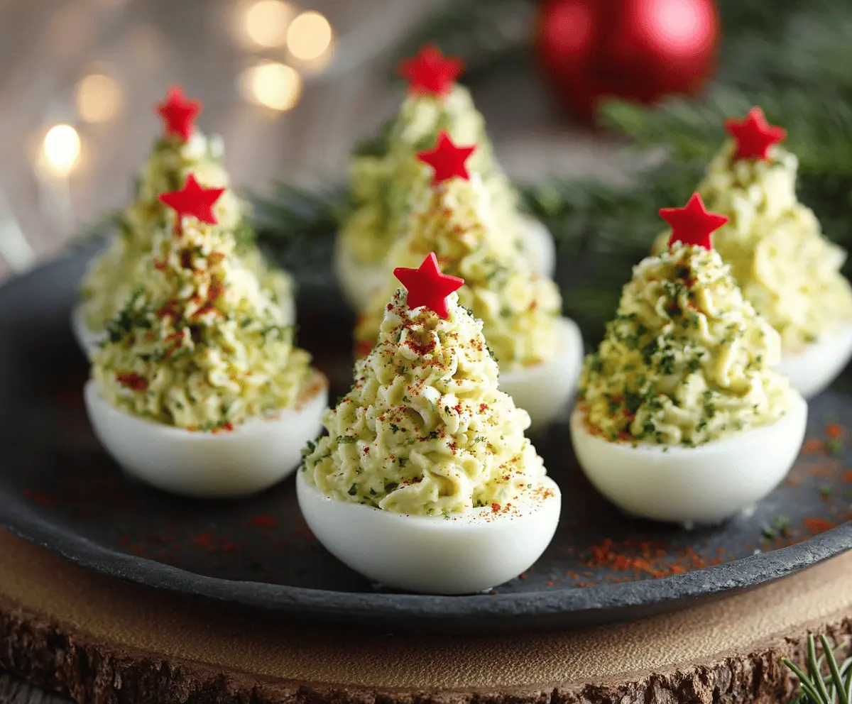 Festive Christmas deviled eggs decorated with colorful toppings for holiday appetizer ideas.