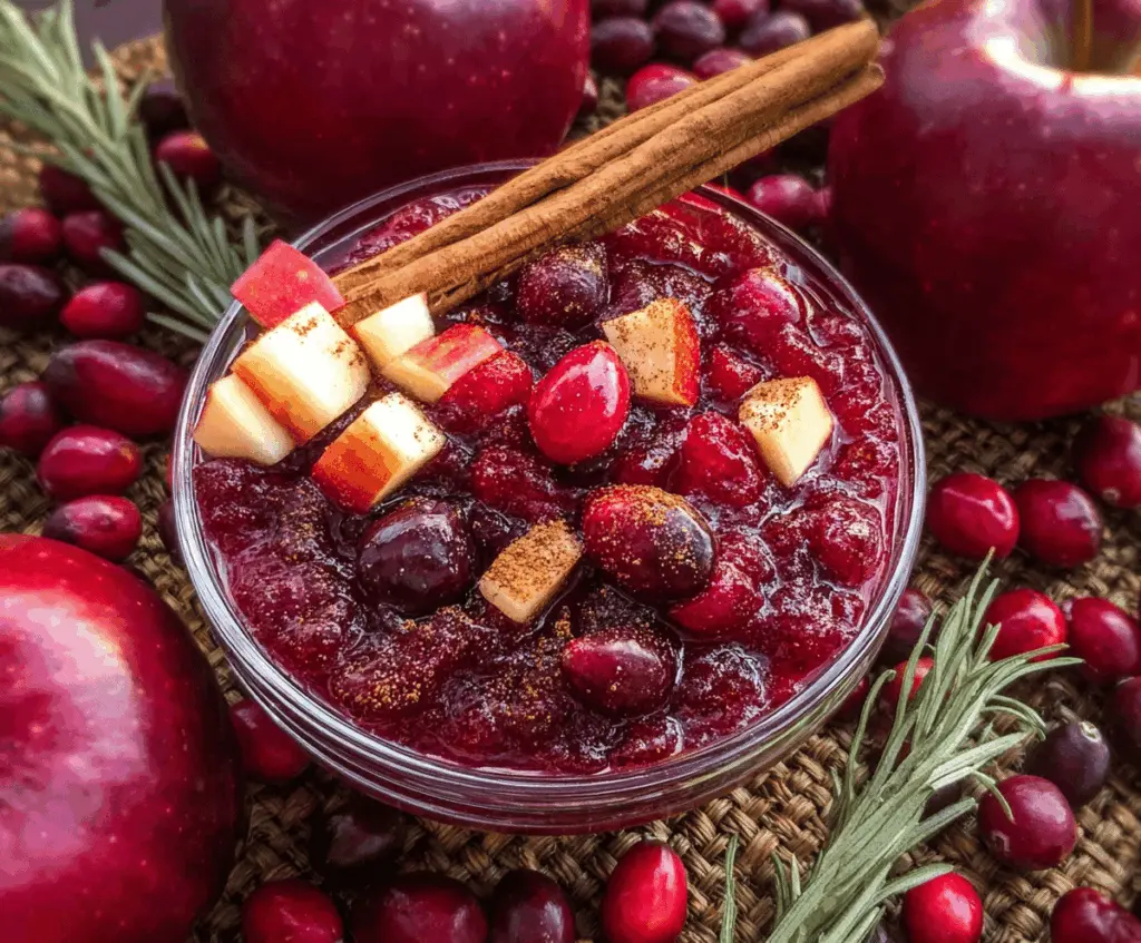 Delicious cinnamon apple cranberry sauce in a bowl, perfect for holiday desserts.