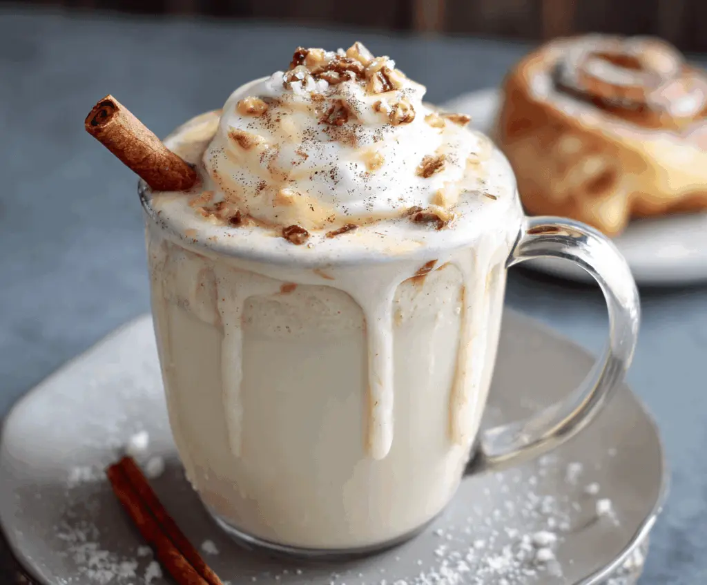 Creamy Cinnamon Bun White Hot Chocolate topped with whipped cream and cinnamon, perfect for cozy winter evenings.