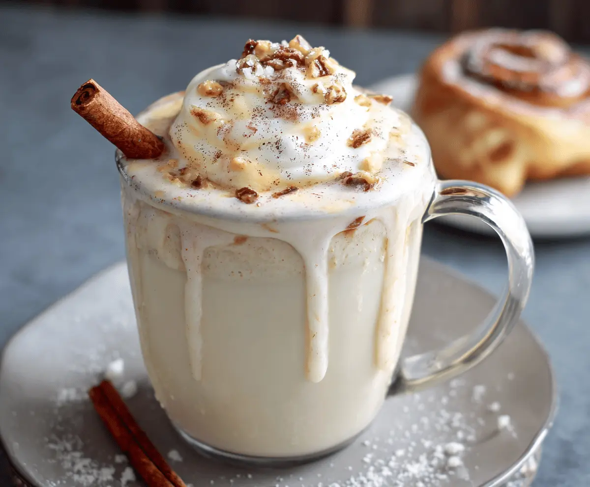 Creamy Cinnamon Bun White Hot Chocolate topped with whipped cream and cinnamon, perfect for cozy winter evenings.
